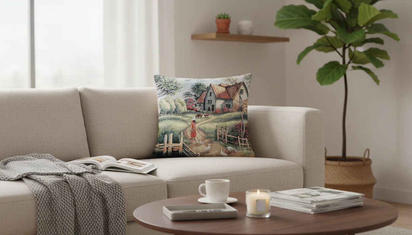 Cuscino .Il vero tessuto Gobelin è un tipo di tessuto pesante, lavorato a jacquard, che imita l’aspetto degli antichi arazzi.